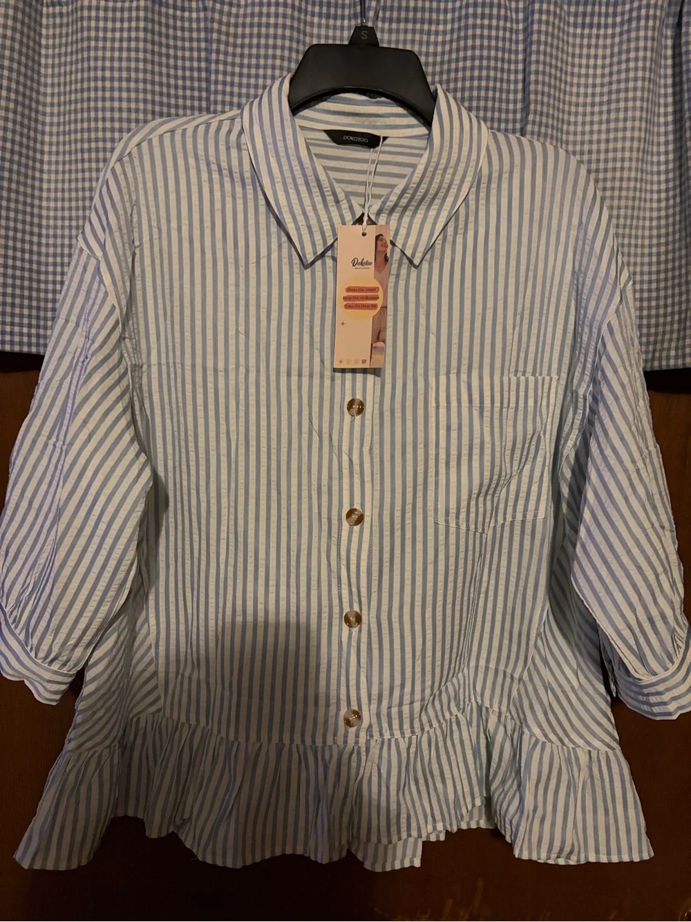 Blue Striped Ruffle-Hem Button Front Top - Picture 3 of 8
